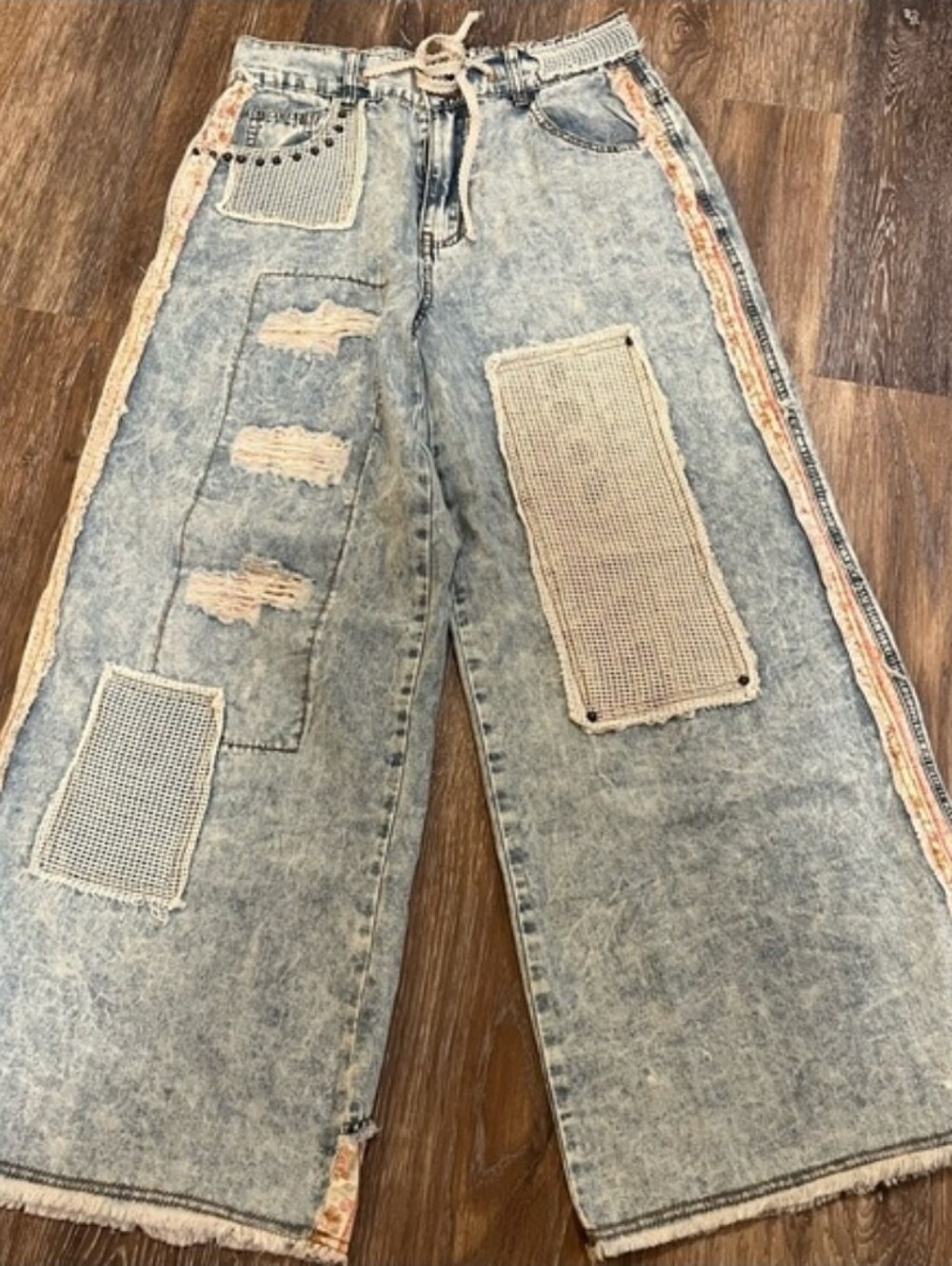 POL Boho Patchwork Wide Leg Pants Women's Small Gray Camo Mesh Lace Cottagecore